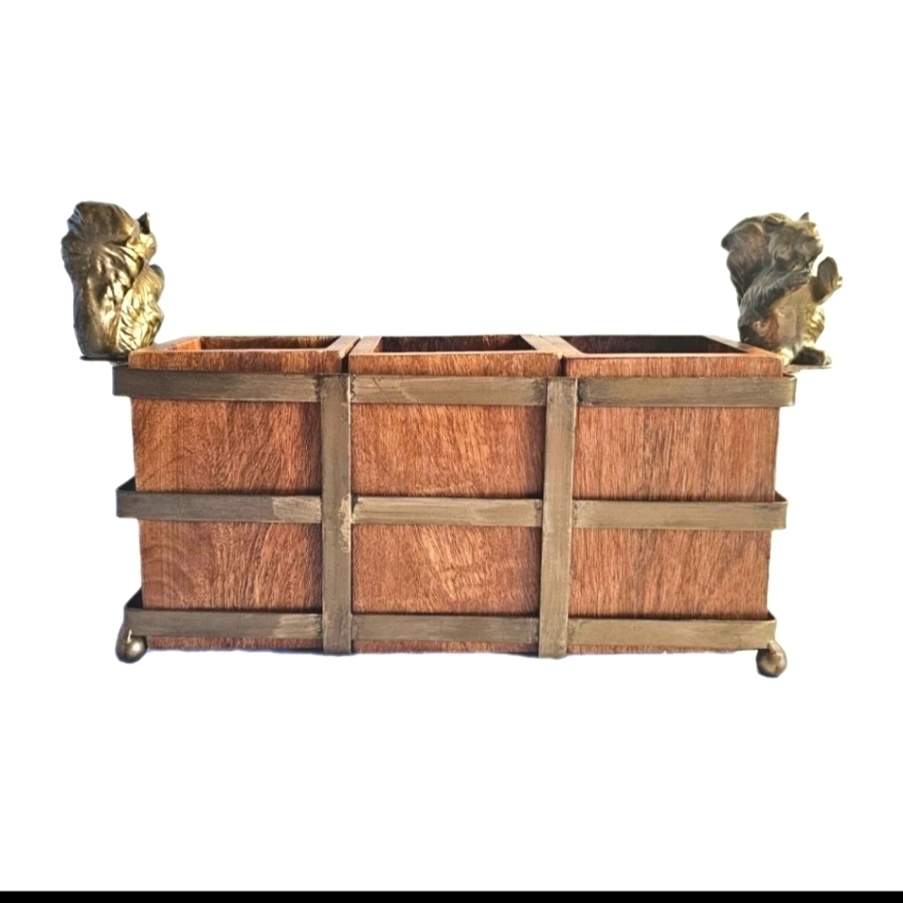 Unique Fall Decorative Wooden Cutlery Table Organizer with Brass Squirrel Holder